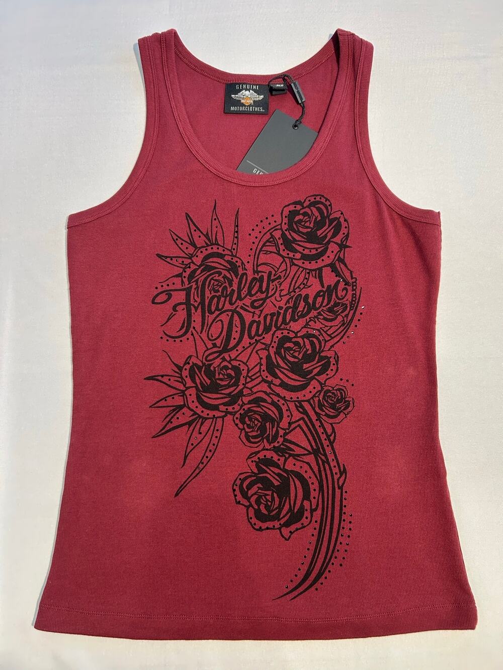 Harley Davidson Rose Rhinestone Ribbed Tank Top Dark Red Large